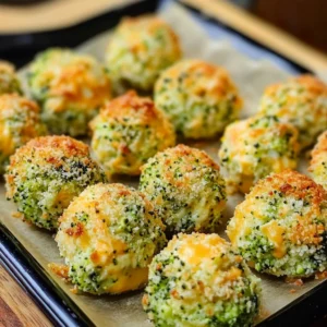 A plate of golden-brown Baked Broccoli Cheese Balls served with dipping sauce