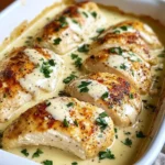 A serving of Baked Caesar Chicken with a golden, cheesy topping, garnished with fresh parsley.
