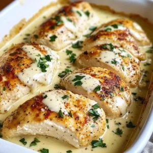 A serving of Baked Caesar Chicken with a golden, cheesy topping, garnished with fresh parsley.