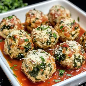 Baked chicken ricotta meatballs topped with marinara and fresh parsley in a white bowl
