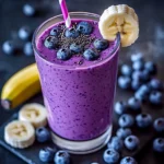 A glass of Banana-Blueberry Smoothie garnished with fresh blueberries and banana slices