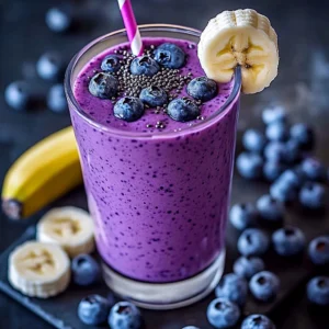 A glass of Banana-Blueberry Smoothie garnished with fresh blueberries and banana slices