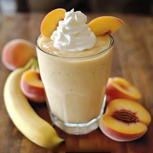A glass of Banana Peach Smoothie garnished with peach slices and a straw.