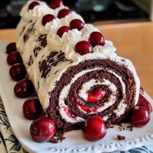 A slice of Black Forest Cream Roll Cake with whipped cream, chocolate shavings, and fresh cherries on top