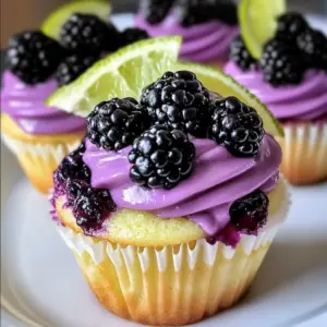 A batch of Blackberry Lime Cheesecake Cupcakes topped with fresh blackberries and lime zest