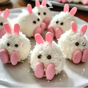 Cute Bunny Butt Oreo Balls on a tray, decorated with pink feet and mini marshmallow tails.