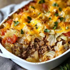 A casserole dish filled with cheesy Cabbage Beef Bake, garnished with fresh herbs.