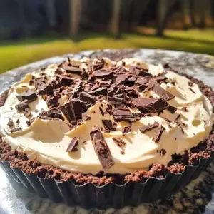 A slice of Cadbury Flake Mousse Tart with chocolate shavings and whipped cream