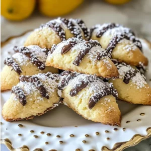 A plate of Cannoli Cookies dusted with powdered sugar and chocolate chips