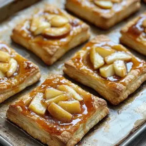 Flaky caramel apple puff pastries drizzled with golden caramel sauce on a rustic plate