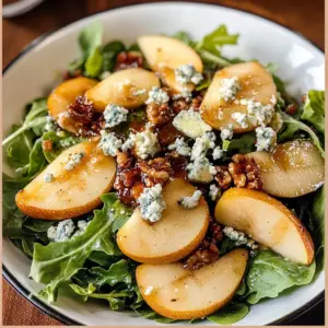 A fresh Caramelized Pear & Blue Cheese Salad with golden pears and crumbled blue cheese