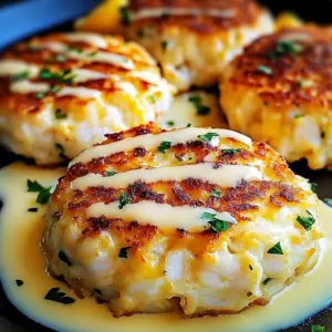 A plate of golden Cheddar Bay Crab Cakes drizzled with lemon butter and garnished with fresh parsley