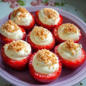 A platter of Cheesecake Deviled Strawberries topped with graham cracker crumbs, ready to serve.