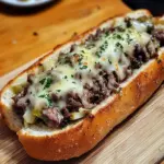 garlic parmesan steak sub Alt Image Text: Cheesesteak sandwich with melted cheese on crispy garlic parmesan bread