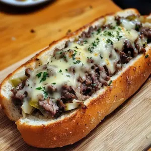 garlic parmesan steak sub Alt Image Text: Cheesesteak sandwich with melted cheese on crispy garlic parmesan bread