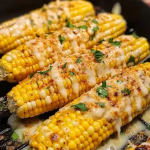 Cheesy Garlic Butter Corn on the Cob garnished with parsley and melted cheese