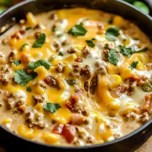 A warm bowl of cheesy ground beef enchilada chili topped with fresh cilantro and diced avocado.