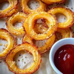 A plate of golden Cheesy Onion Rings served with marinara dipping sauce