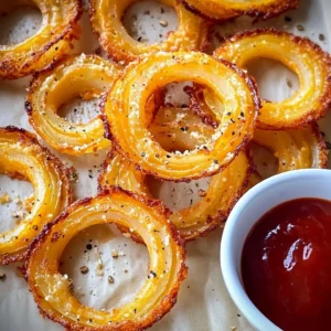A plate of golden Cheesy Onion Rings served with marinara dipping sauce