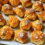: A plate of Cheesy Ranch Buffalo Chicken Pretzel Bites with dipping sauce