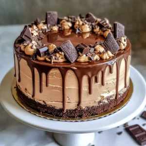 A slice of Choco Supernova Cake with ganache and chocolate toppings