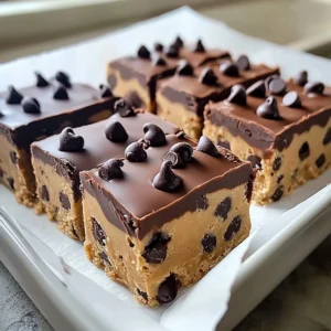 A batch of Chocolate Chip Cookie Dough Bars with a rich chocolate topping and extra chocolate chips.