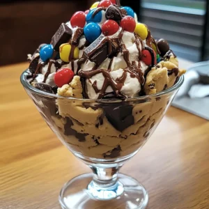 A bowl of Chocolate Crunch Cookie Dough Sundae topped with chocolate drizzle and candy pieces