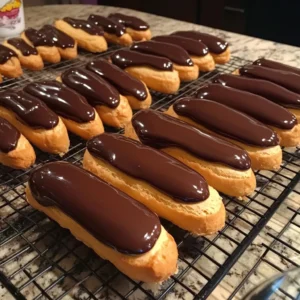 A plate of homemade Chocolate Eclairs with glossy chocolate glaze.