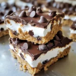 A stack of Chocolate Marshmallow Cookie Bars with a gooey chocolate drizzle