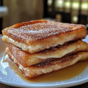 A plate of Churro Stuffed French Toast coated in cinnamon sugar, served with syrup and berries