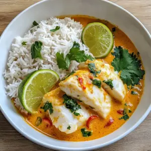 A bowl of Coconut Lime Fish Curry with Jasmine Rice, garnished with fresh cilantro and lime wedges