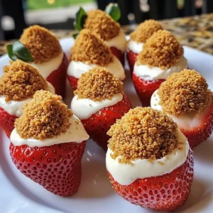 Close-up of Cookie Butter Cheesecake Stuffed Strawberries, filled with creamy cheesecake and topped with cookie crumbs.