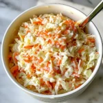 A bowl of Copycat KFC Coleslaw with creamy dressing and fresh cabbage.