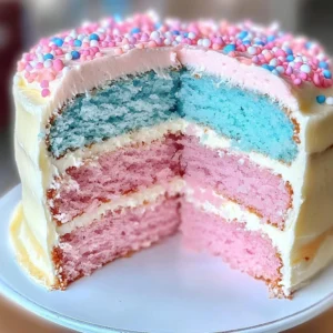 A slice of Cotton Candy Cake with swirled pink and blue layers, topped with sprinkles