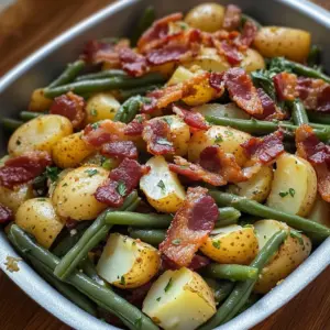 Bowl of Country Ranch Green Beans and Potatoes with crispy bacon and ranch seasoning