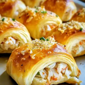 Close-up of crab and cheese crescent rolls with golden crust