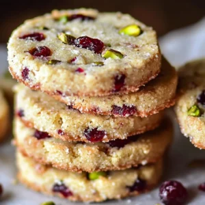A plate of Cranberry Pistachio Shortbread Cookies with golden edges and vibrant cranberry-pistachio bits.