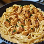 A bowl of Creamy Cajun Chicken Pasta garnished with fresh parsley