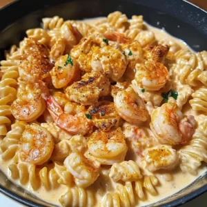 A plate of Creamy Cajun Shrimp and Chicken Pasta garnished with fresh parsley.