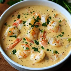 A bowl of creamy crab and shrimp bisque garnished with fresh parsley