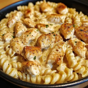 A bowl of creamy garlic butter chicken and rotini pasta topped with Parmesan