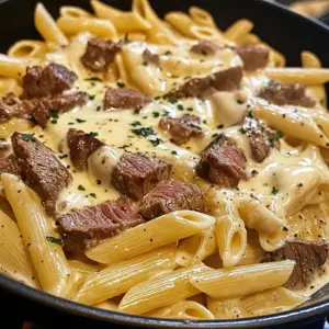 Creamy Ranch Steak & Mozzarella Pasta in a skillet, garnished with herbs and garlic