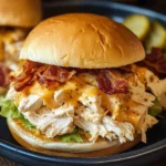 A plate of Crock Pot Ranch Chicken Sandwiches with crispy bacon and fresh lettuce on a toasted bun.