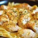 A plate of creamy Crockpot Angel Chicken served over angel hair pasta with a sprinkle of parsley.