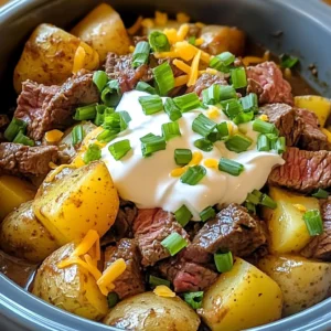 A warm serving of Crockpot Loaded Steak and Potato Bake topped with melted cheese and green onions.