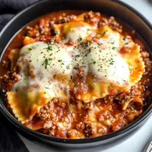 A bowl of Crockpot Ravioli Lasagna with melted cheese and fresh herbs