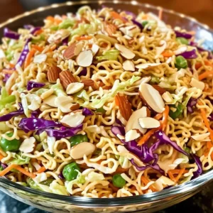 A vibrant bowl of Crunchy Asian Ramen Noodle Salad with crispy noodles and a sesame dressing.