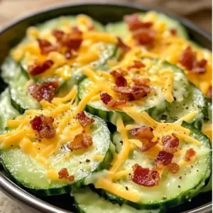 Close-up of cucumber slices topped with shredded cheese and bacon bits