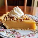 A slice of Dolly Parton’s Butterscotch Pie with whipped cream and pecan topping.