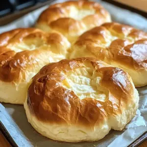 Fluffy cloud bread with golden tops cooling on a baking rack